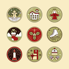 Christmas Line art Icon Set with Ginger, Snow House, Angel, Sock, Mistletoe, Skate, Gifts, Hat, Mittens and Candle in Flat style. For New Year, holidays, Xmas elements Collection vector illustration