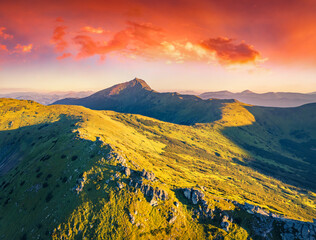 Spectacular summer view from flying drone of Carpathian mountains. Fantastic morningscene of...
