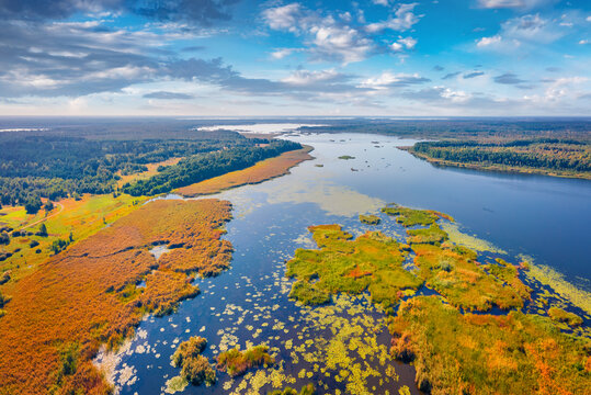 Aerial landscape photography. Wonderful morning view from flying drone of Luky lake. Spectacular summer scene on Shatsky National Park, Volyn region, Ukraine, Europe.