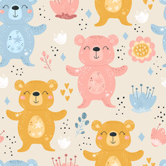 Seamless pattern with Cartoon characters bear and flower on a color background. Vector print. - 395690637