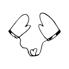 Single hand drawn pair of warm mittens for children's illustration. Doodle vector illustration. Isolated on a white background, black and white graphics