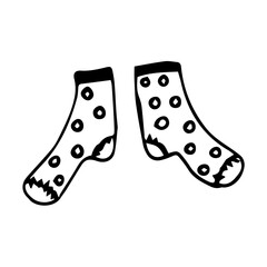 Single hand drawn pair of socks for children's illustration. Doodle vector illustration. Isolated on a white background, black and white graphics
