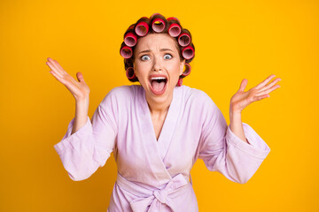 Close-up portrait of miserable desperate woman wearing curlers yelling claim bad mood isolated...