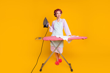 Full body photo of girl iron board fresh wash clothes look copyspace wear bath robe isolated bright...