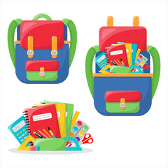 Writing materials inside the school backpack. Bright and colorful backpack. In the style of a cartoon. Isolated on a white background. A set of school supplies.