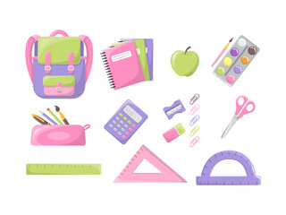 A set of writing materials and a backpack. Bright and colorful backpack. In the style of a cartoon. Isolated on a white background. A set of school supplies. For a girl.