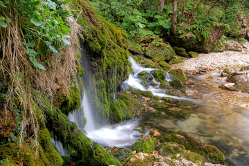 Ecology and nature. The source of clean drinking spring water among stone rocks and moist fresh green moss