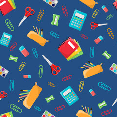Pattern on the school theme. Office supplies. School supplies on a blue background.