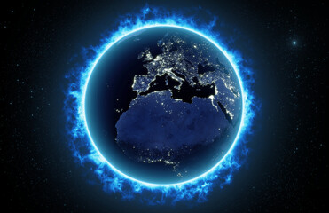 Blue flaming earth 3D Illustration