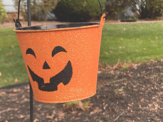 Closeup shot of Halloween bucket with a bokeh background