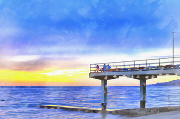 Black sea embankment colorful painting looks like picture, Sochi, Russia.