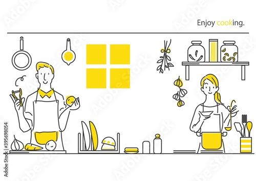 シンプルでお洒落な手描きの線画イラスト 料理をする男女 黄色 グレー ２色 Wall Mural Atelier Fmika