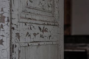 A shabby wooden door in an old abandoned house. Remnants of luxury. Cracks on the door.
