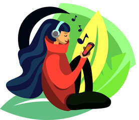 Vector Illustration with girl  listening music