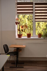 classroom benches placed according to social distance during the covid pandemic 19