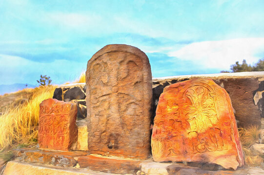 Khachkars of Sevanavank monastery colorful painting looks like picture, Armenia.