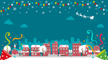 Christmas cityscape vector banner illustration (winter season) / no text