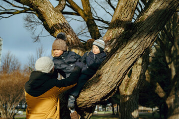children sitting on big tree. in park A father helping his cute little son coming down . Image with selective focus.