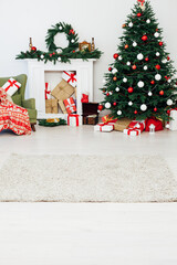 White room christmas tree pine fireplace with new year decoration gifts