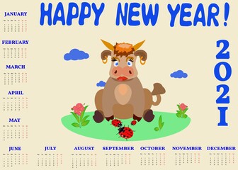 Illustration of a calendar with a picture of a bull and ladybirds.
