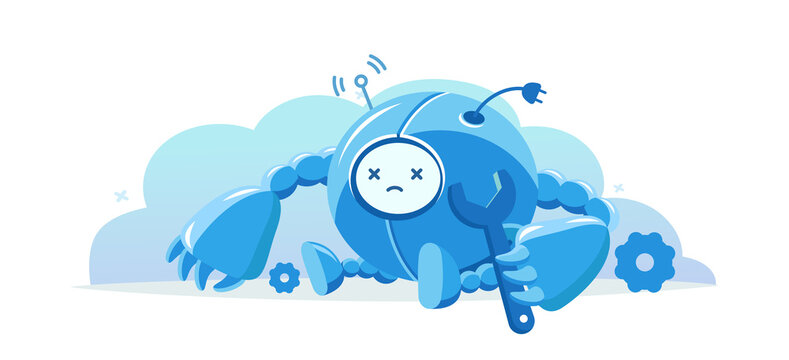 Broken round robot. Repairs service scene. Breaking mistake situation. Cartoon vector flat. Character mascot. Support does not work. Service-center.