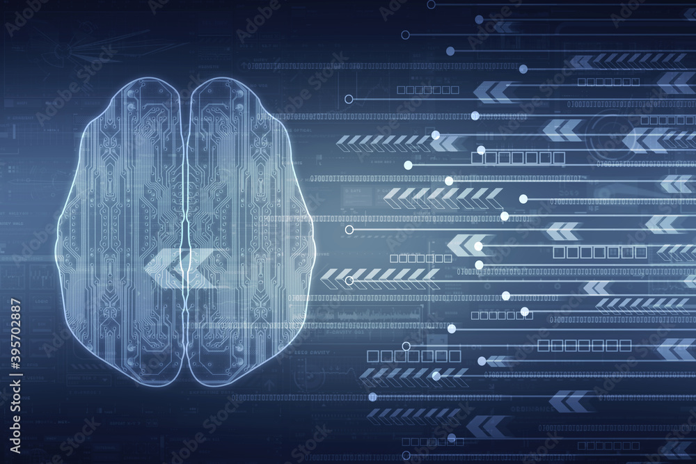 Poster 2d illustration concept of thinking, background with brain, abstract artificial intelligence. techno