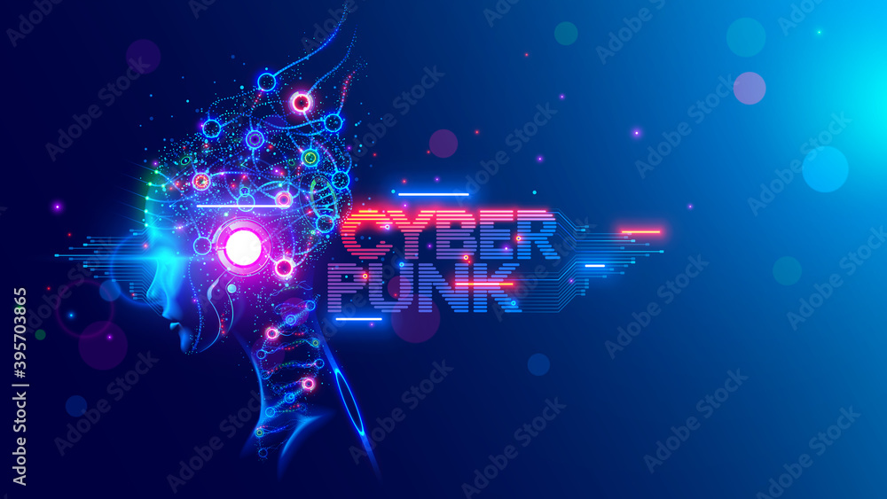 Poster AI. Woman Cyborg head with artificial neural networks brain. Neon cyberpunk word in style 80th. Female robot face with computer artificial intelligence. Electronic Technology banner in 80th cyberpunk