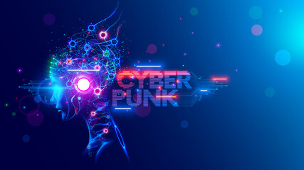 Obraz na płótnie Canvas AI. Woman Cyborg head with artificial neural networks brain. Neon cyberpunk word in style 80th. Female robot face with computer artificial intelligence. Electronic Technology banner in 80th cyberpunk