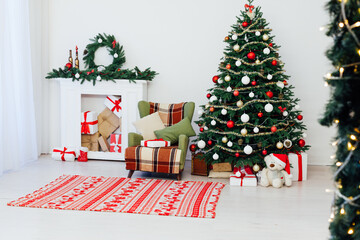 White room Christmas tree pine with gifts new year interior decor