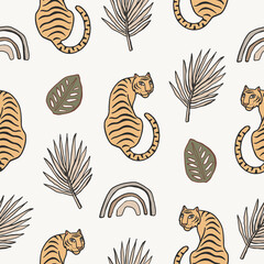 Seamless pattern with tigers and plants. Tropical background for textile or wrapping paper