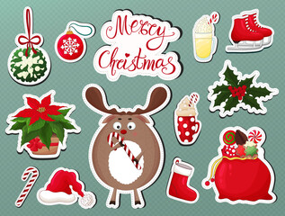 Christmas symbol stickers collection. Cute  Christmas deer eating candy cane. Santa deers stickers, santa bag, hat, sack, sock, mistletoe. Funny cartoon reindeer red nose, holly. Merry Christmas text.