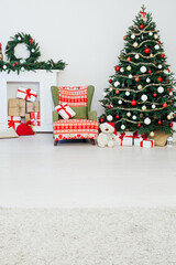 White room Christmas tree pine with gifts new year interior decor