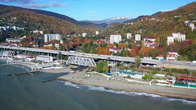 Highway along the Black Sea. Aerial view of the highway on the Black Sea coastline linking the cities of Sochi and Adler