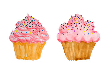 Pink color cupcake with colorful topping watercolor hand painting illustration,