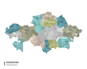 Kazakhstan higt detailed map with subdivisions. Administrative map of Kazakhstan with districts and cities name, colored by states and administrative districts. Vector illustration.