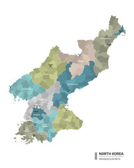 North Korea higt detailed map with subdivisions. Administrative map of North Korea with districts and cities name, colored by states and administrative districts. Vector illustration.