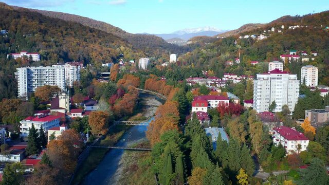 Khosta town. Aerial view of the town of Khosta located in Caucasus Mountains in Russia.