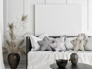 Mockup poster in pure Scandinavian style living room interior with home decoration, 3d render, 3d illustration