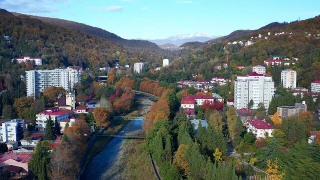 Khosta town. Aerial view of the town of Khosta located in Caucasus Mountains in Russia.