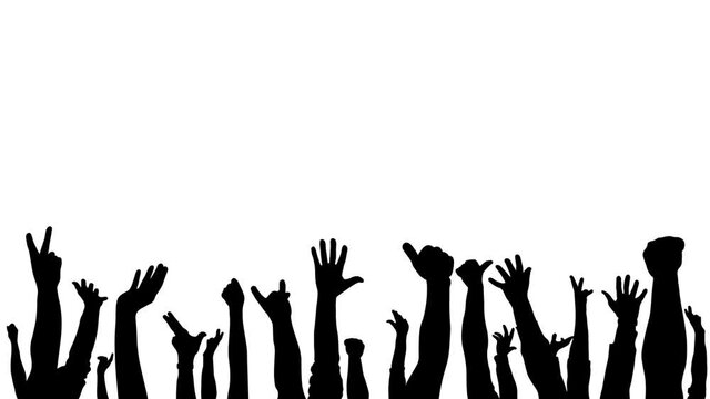 Cheerful crowd, silhouette of human hands. People raise hands up, fans, fan base. Isolated animation.