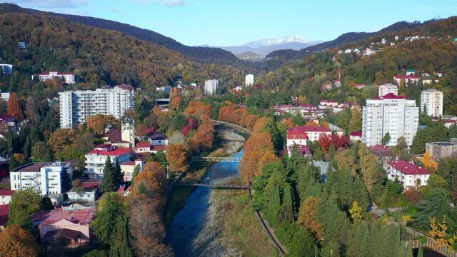 Khosta town. Aerial view of the town of Khosta located in Caucasus Mountains in Russia.