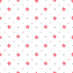 Watercolor seamless pattern with  stars and polka dots on white. Great for fabrics, wrapping papers, covers, digital paper. Hand painted endless texture. Turquoise, green and pink gentle colors.