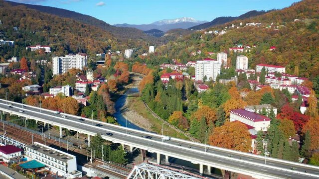 Highway along the Black Sea. Aerial view of the highway on the Black Sea coastline linking the cities of Sochi and Adler