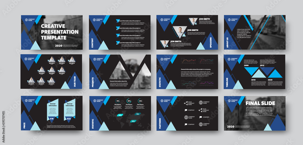 Poster vector infographic template with blue triangles on black background, presentation slide for annual r