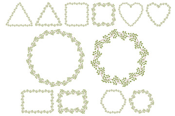 Green leaves branch wreath on white background. Vector drawing. Collection include six shape of frame - sircle, heart, square, hexagon, rectangle, triangle.