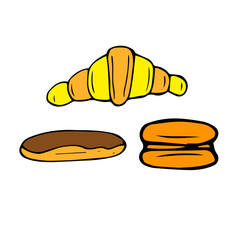 Set of traditional French pastries, vector illustration, croissant, baguette, Eclair, macaroon, hand drawing