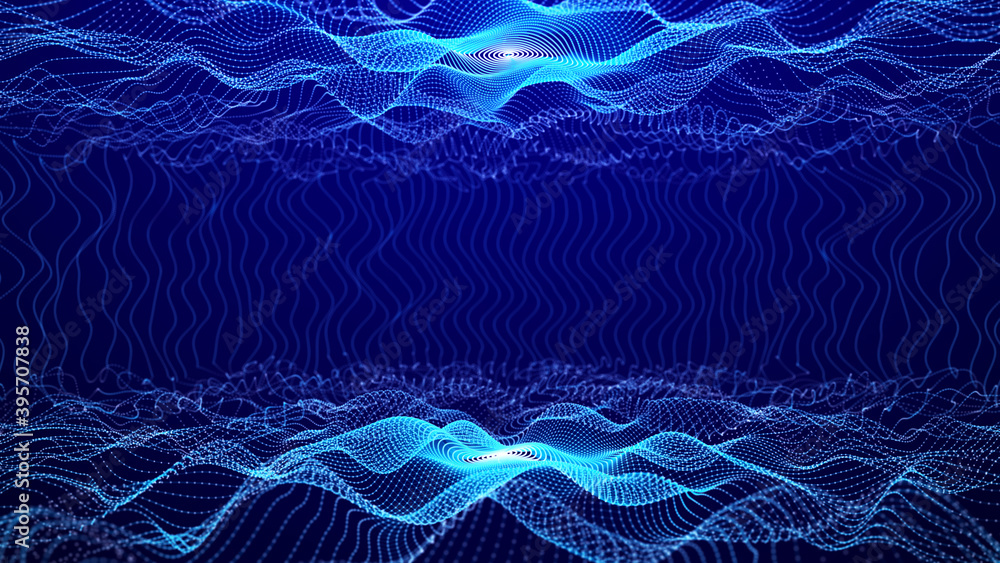 Poster abstract gradient dynamic wave of glowing particles and lines. network of neon dots and lines. big d