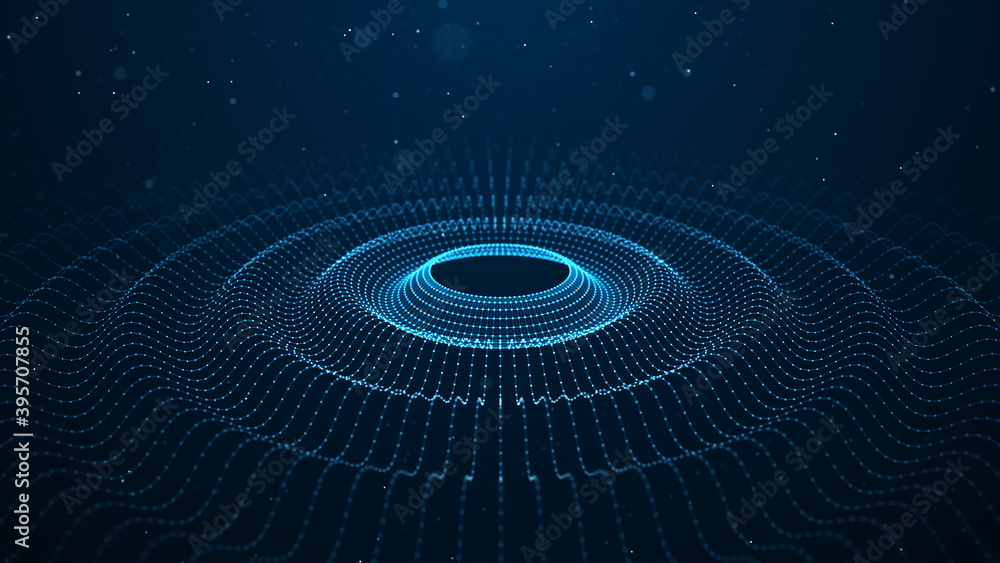 Poster water drop wave. abstract gradient dynamic wave of glowing particles and lines. network of neon dots