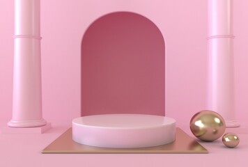 Obraz na płótnie Canvas Minimal pink background. Empty podium, pastel color, modern stage, showcase.minimalist mockup for podium display or showcase, 3d rendering.