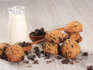 Chocolate Chip Cookies Background with Copy Space on Gray Wooden Table. Homemade Food/Snack for Kids. Selected Focus